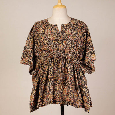 Black - Block Print Cotton Kalamkari Kaftan with Tie-Up Waist (Short)