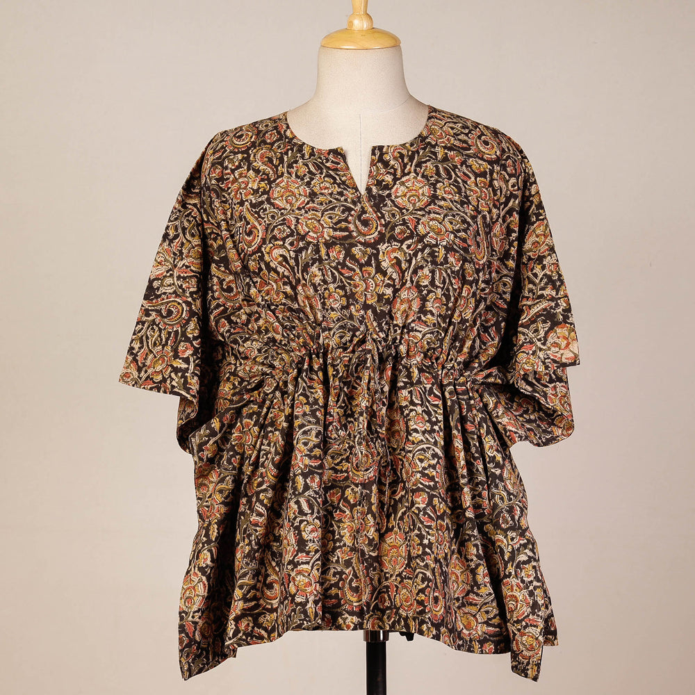 Black - Block Print Cotton Kalamkari Kaftan with Tie-Up Waist (Short)