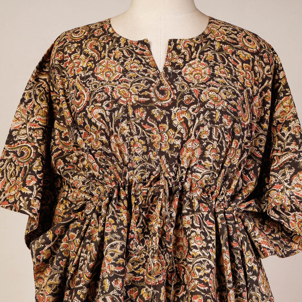 Black - Block Print Cotton Kalamkari Kaftan with Tie-Up Waist (Short)