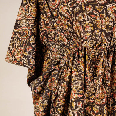 Black - Block Print Cotton Kalamkari Kaftan with Tie-Up Waist (Short)