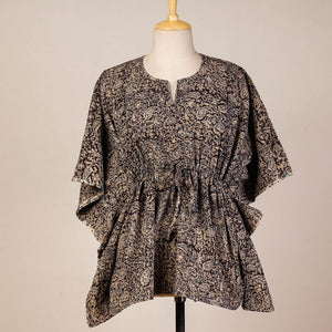 Black - Block Print Cotton Kalamkari Kaftan with Tie-Up Waist (Short)