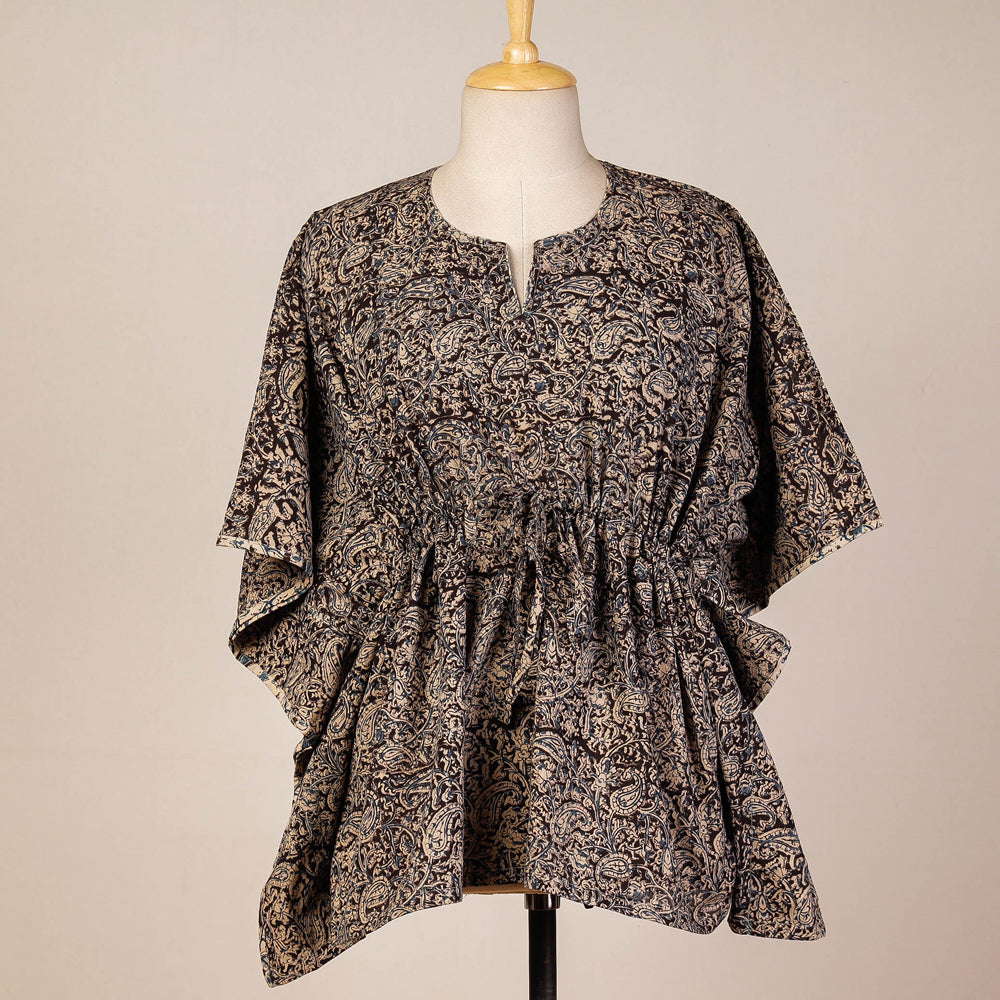 Black - Block Print Cotton Kalamkari Kaftan with Tie-Up Waist (Short)