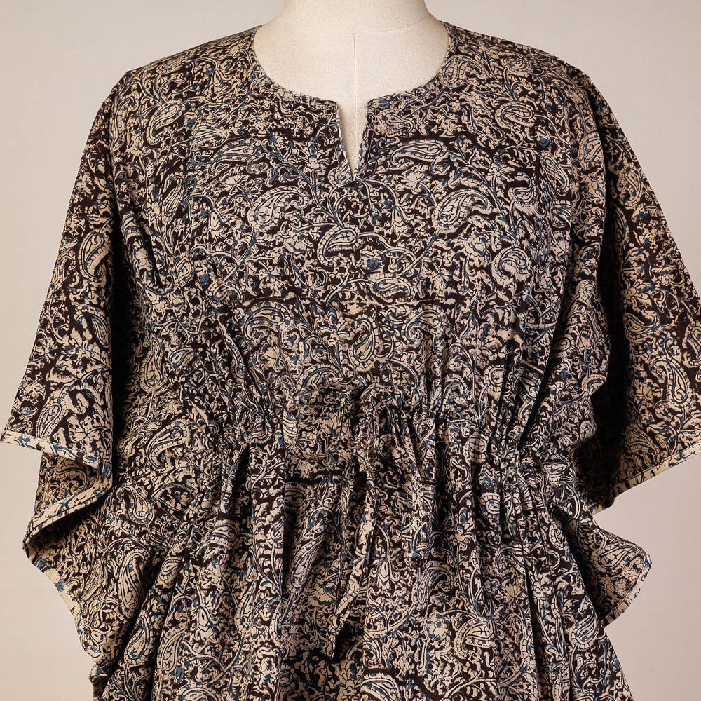 Black - Block Print Cotton Kalamkari Kaftan with Tie-Up Waist (Short)