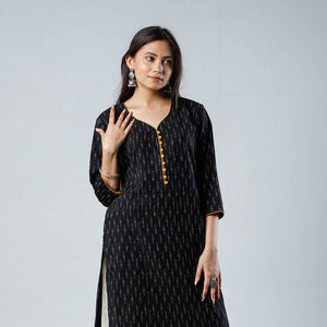 Black - Pochampally Ikat Weave Cotton Long Kurta