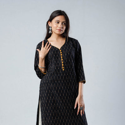 Black - Pochampally Ikat Weave Cotton Long Kurta