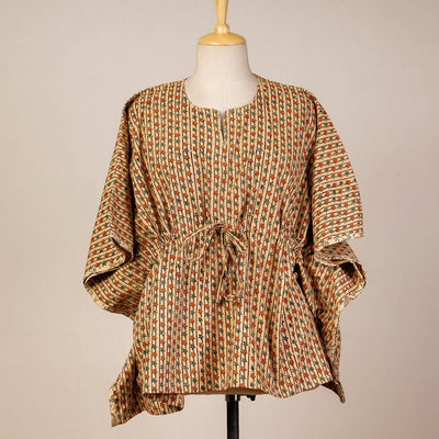 Beige - Block Print Cotton Kalamkari Kaftan with Tie-Up Waist (Short)