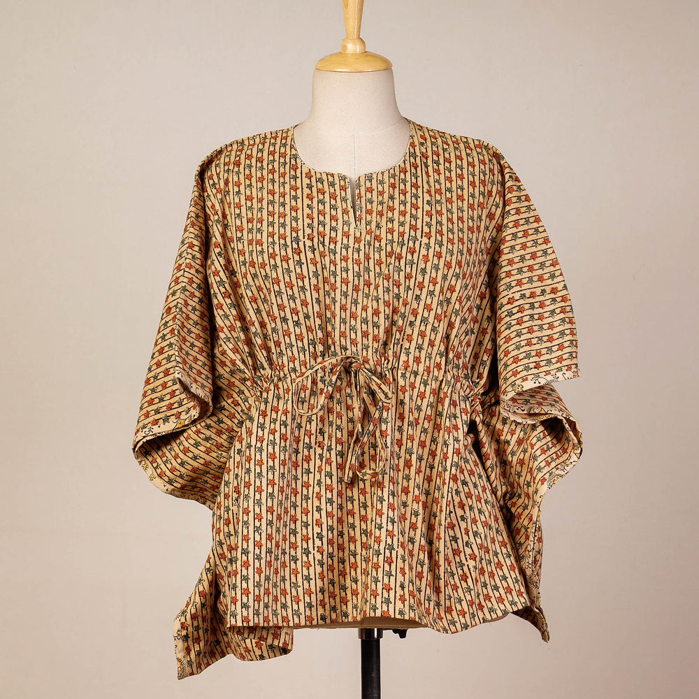 Beige - Block Print Cotton Kalamkari Kaftan with Tie-Up Waist (Short)