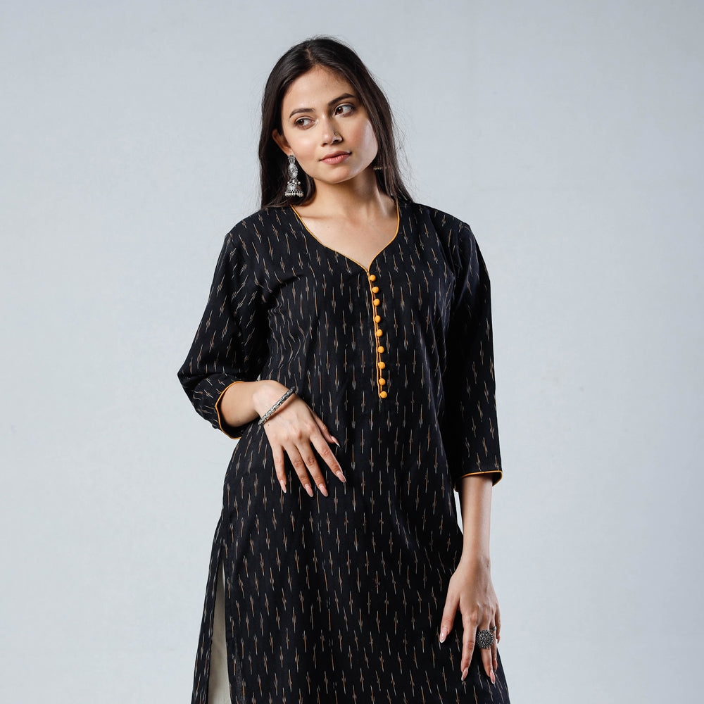 Black - Pochampally Ikat Weave Cotton Long Kurta