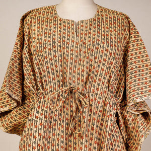 Beige - Block Print Cotton Kalamkari Kaftan with Tie-Up Waist (Short)