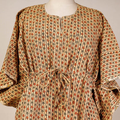 Beige - Block Print Cotton Kalamkari Kaftan with Tie-Up Waist (Short)