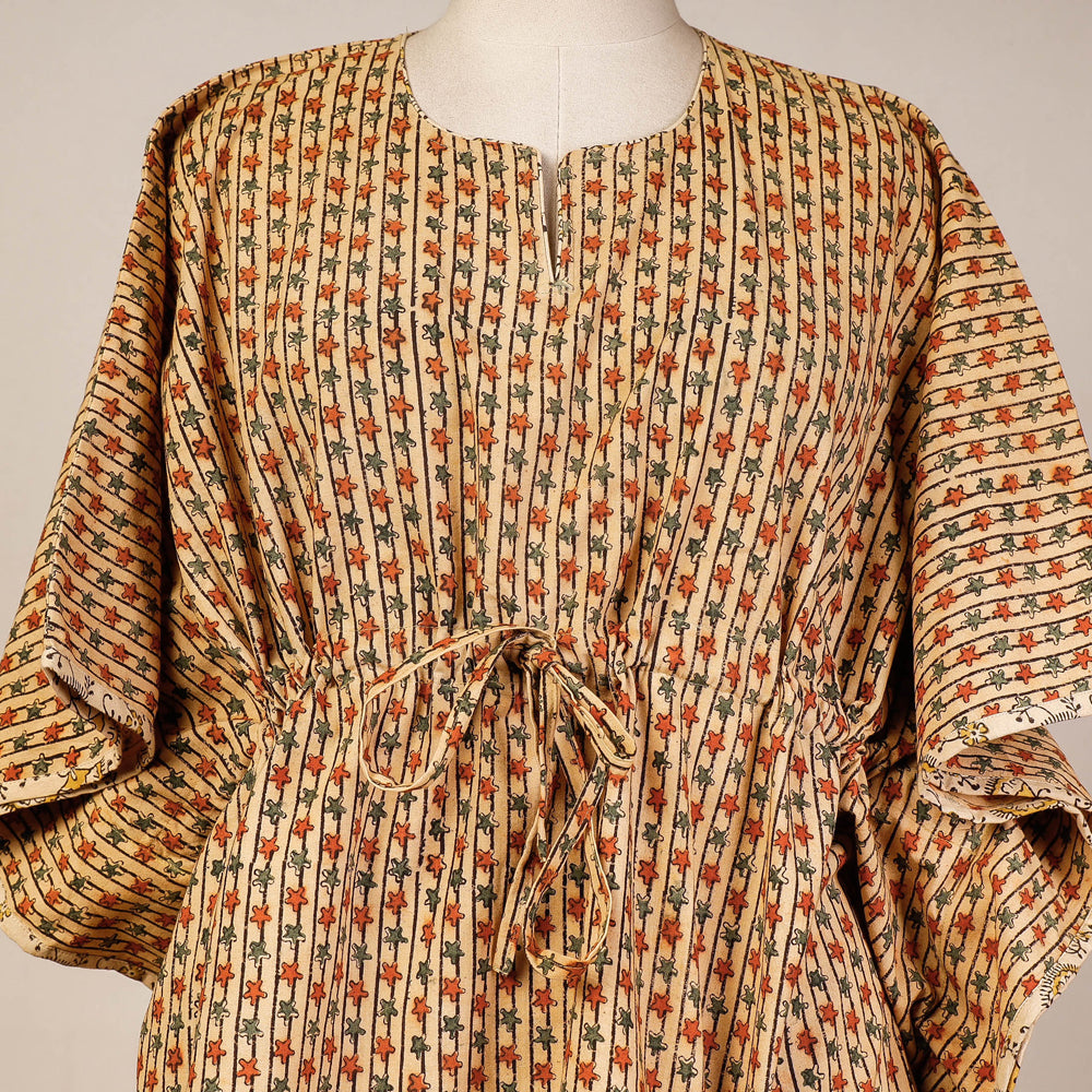 Beige - Block Print Cotton Kalamkari Kaftan with Tie-Up Waist (Short)