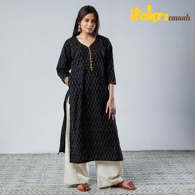 Black - Pochampally Ikat Weave Cotton Long Kurta