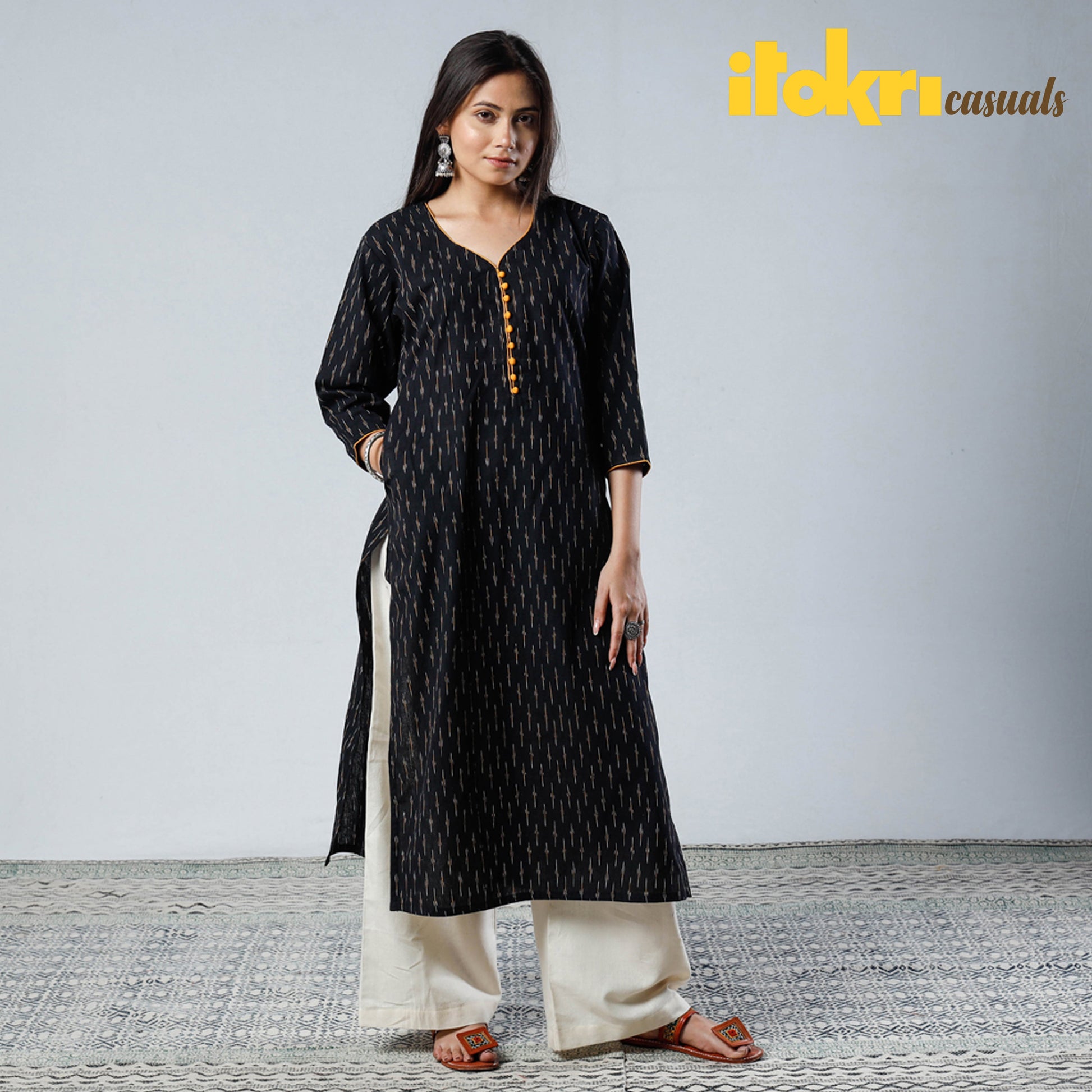 Black - Pochampally Ikat Weave Cotton Long Kurta