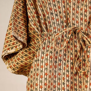Beige - Block Print Cotton Kalamkari Kaftan with Tie-Up Waist (Short)