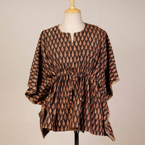 Brown - Block Print Cotton Kalamkari Kaftan with Tie-Up Waist (Short)