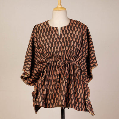 Brown - Block Print Cotton Kalamkari Kaftan with Tie-Up Waist (Short)