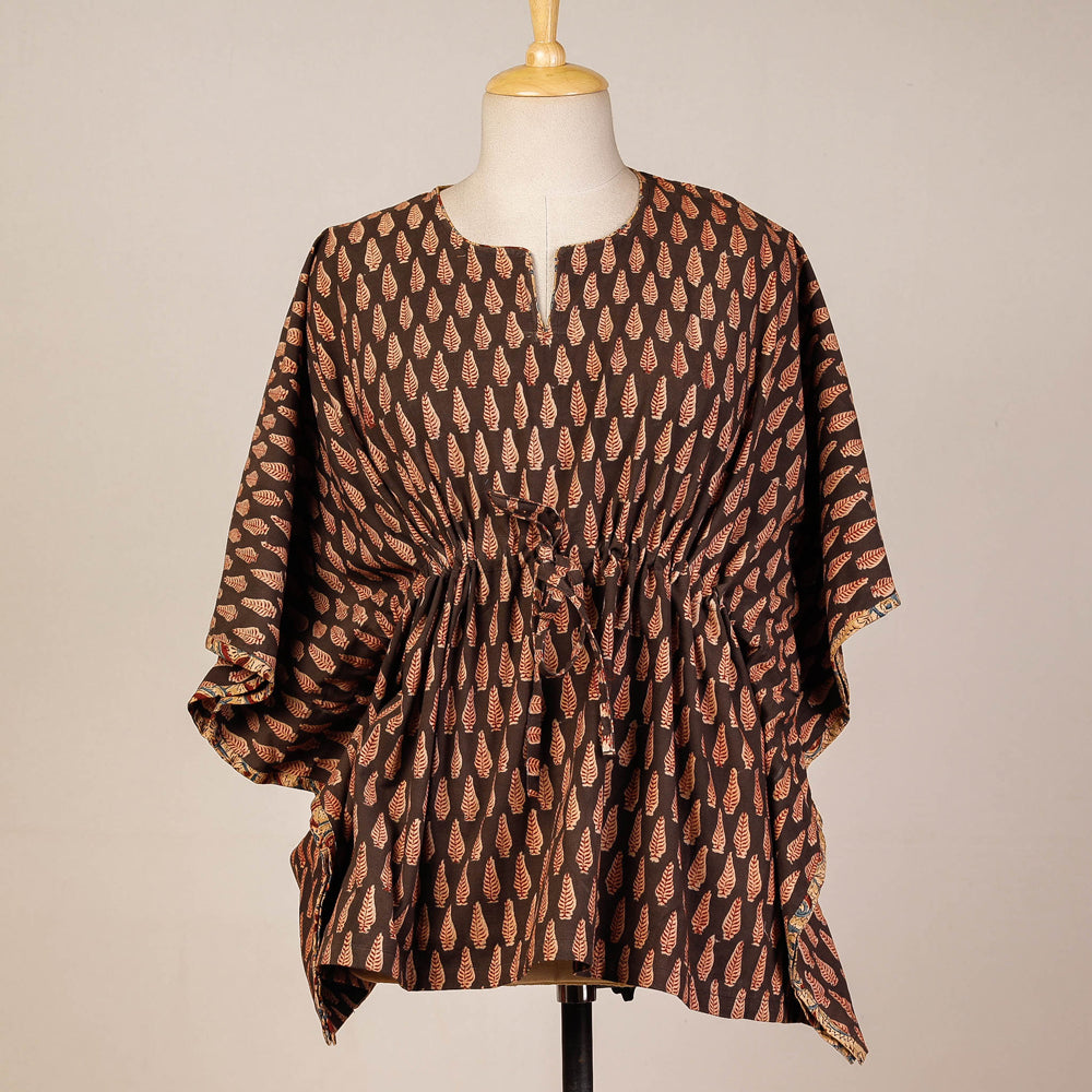 Brown - Block Print Cotton Kalamkari Kaftan with Tie-Up Waist (Short)
