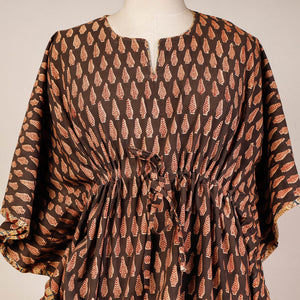 Brown - Block Print Cotton Kalamkari Kaftan with Tie-Up Waist (Short)