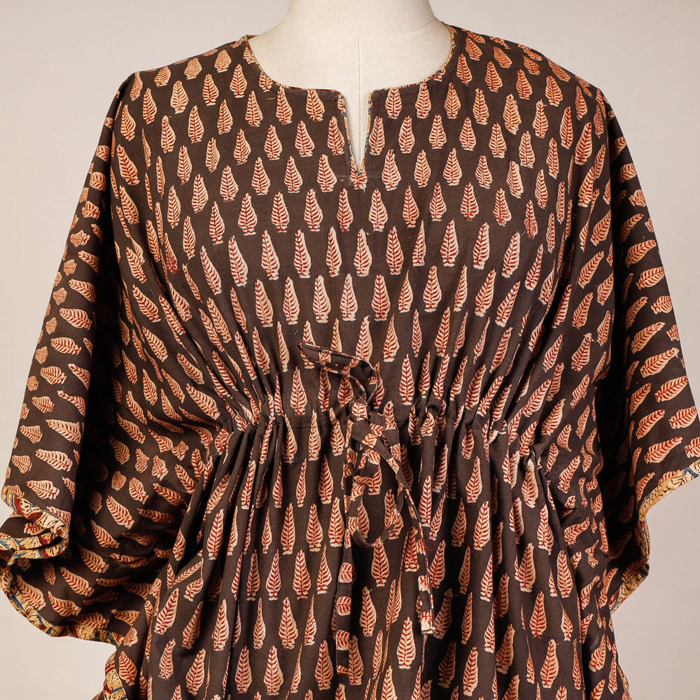 Brown - Block Print Cotton Kalamkari Kaftan with Tie-Up Waist (Short)