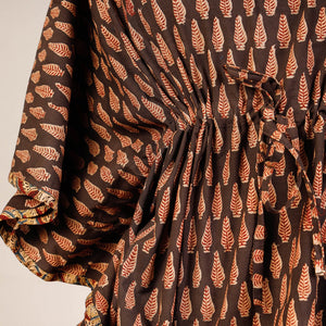 Brown - Block Print Cotton Kalamkari Kaftan with Tie-Up Waist (Short)