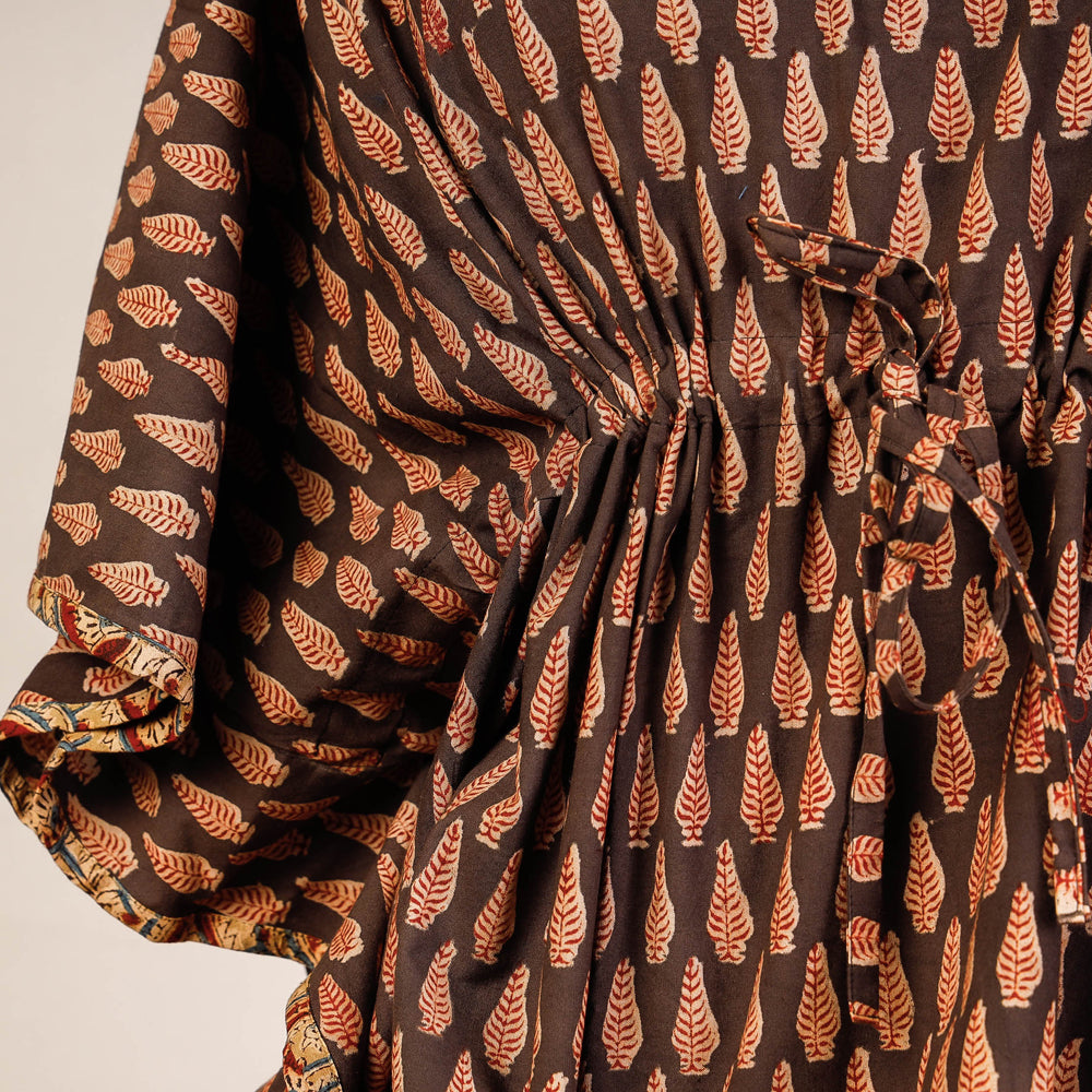 Brown - Block Print Cotton Kalamkari Kaftan with Tie-Up Waist (Short)