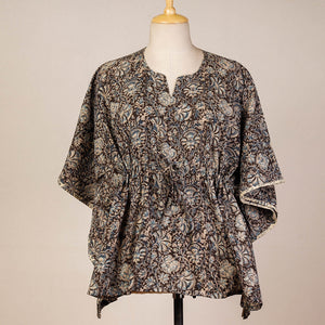 Brown - Block Print Cotton Kalamkari Kaftan with Tie-Up Waist (Short)