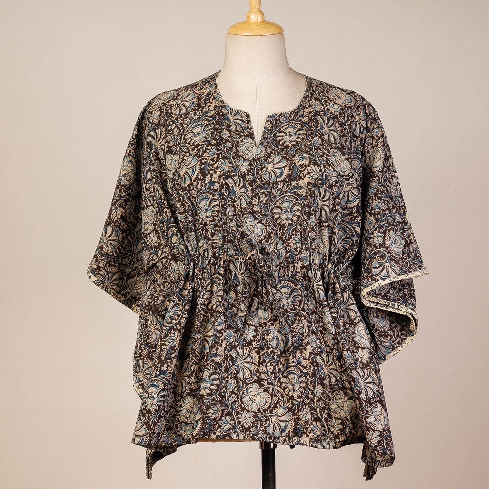 Brown - Block Print Cotton Kalamkari Kaftan with Tie-Up Waist (Short)