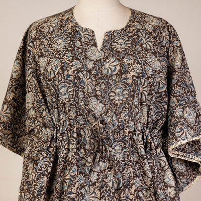 Brown - Block Print Cotton Kalamkari Kaftan with Tie-Up Waist (Short)