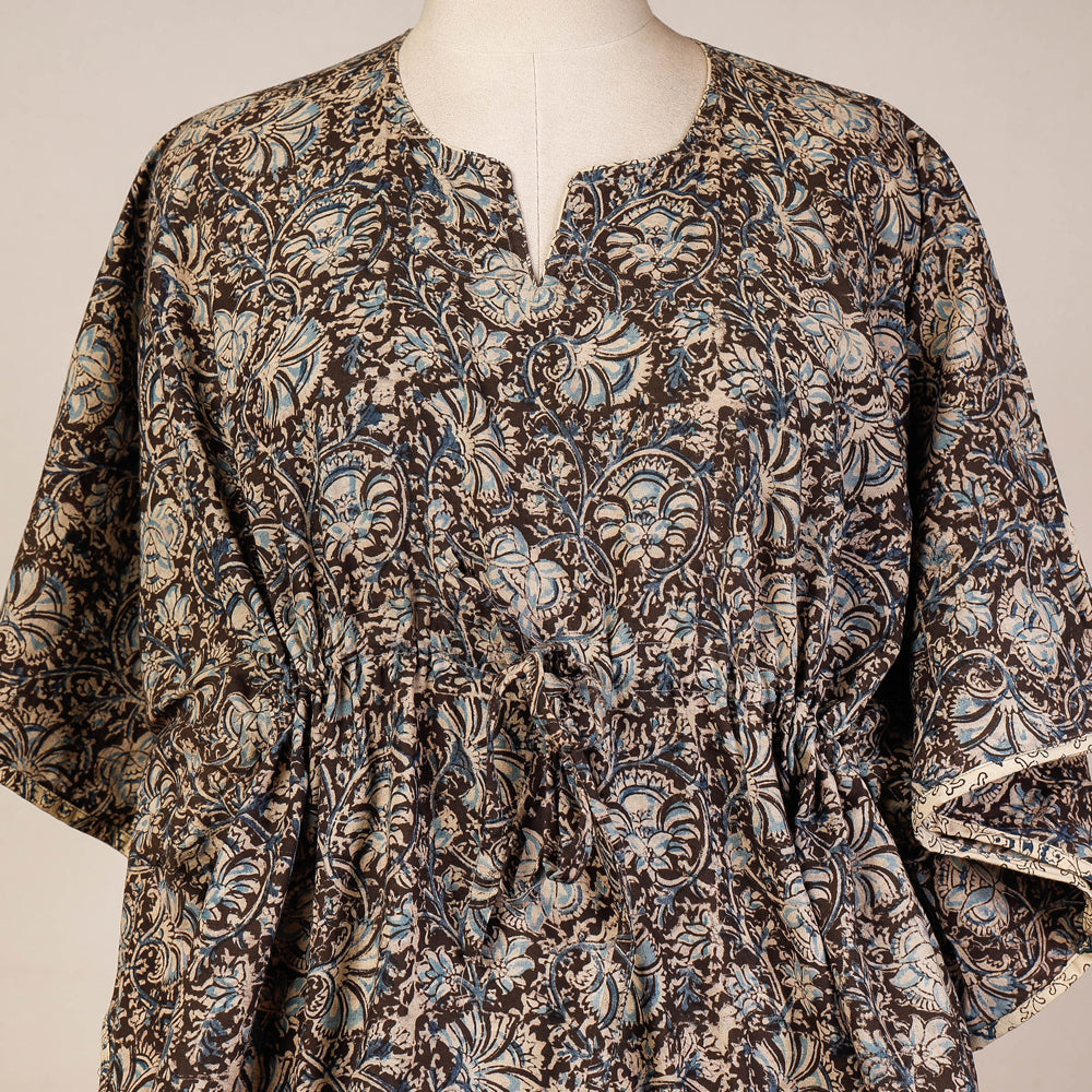 Brown - Block Print Cotton Kalamkari Kaftan with Tie-Up Waist (Short)