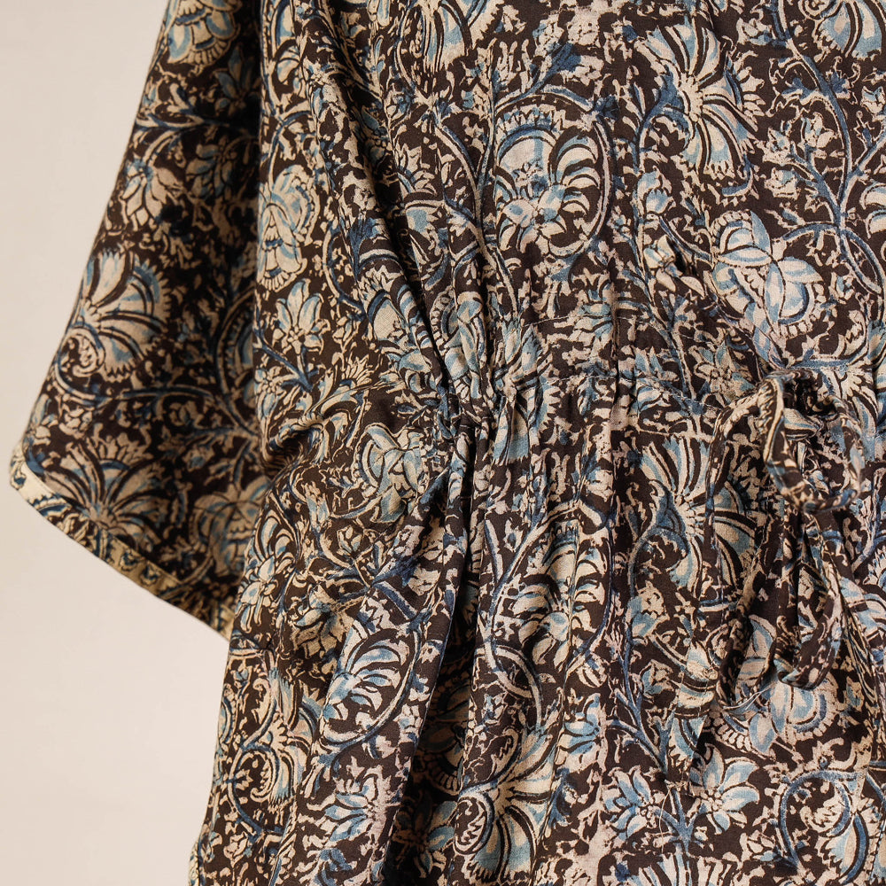Brown - Block Print Cotton Kalamkari Kaftan with Tie-Up Waist (Short)