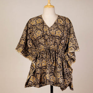 Black - Block Print Cotton Kalamkari Kaftan with Tie-Up Waist (Short)