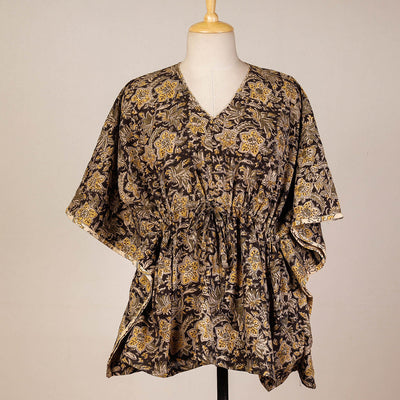 Black - Block Print Cotton Kalamkari Kaftan with Tie-Up Waist (Short)
