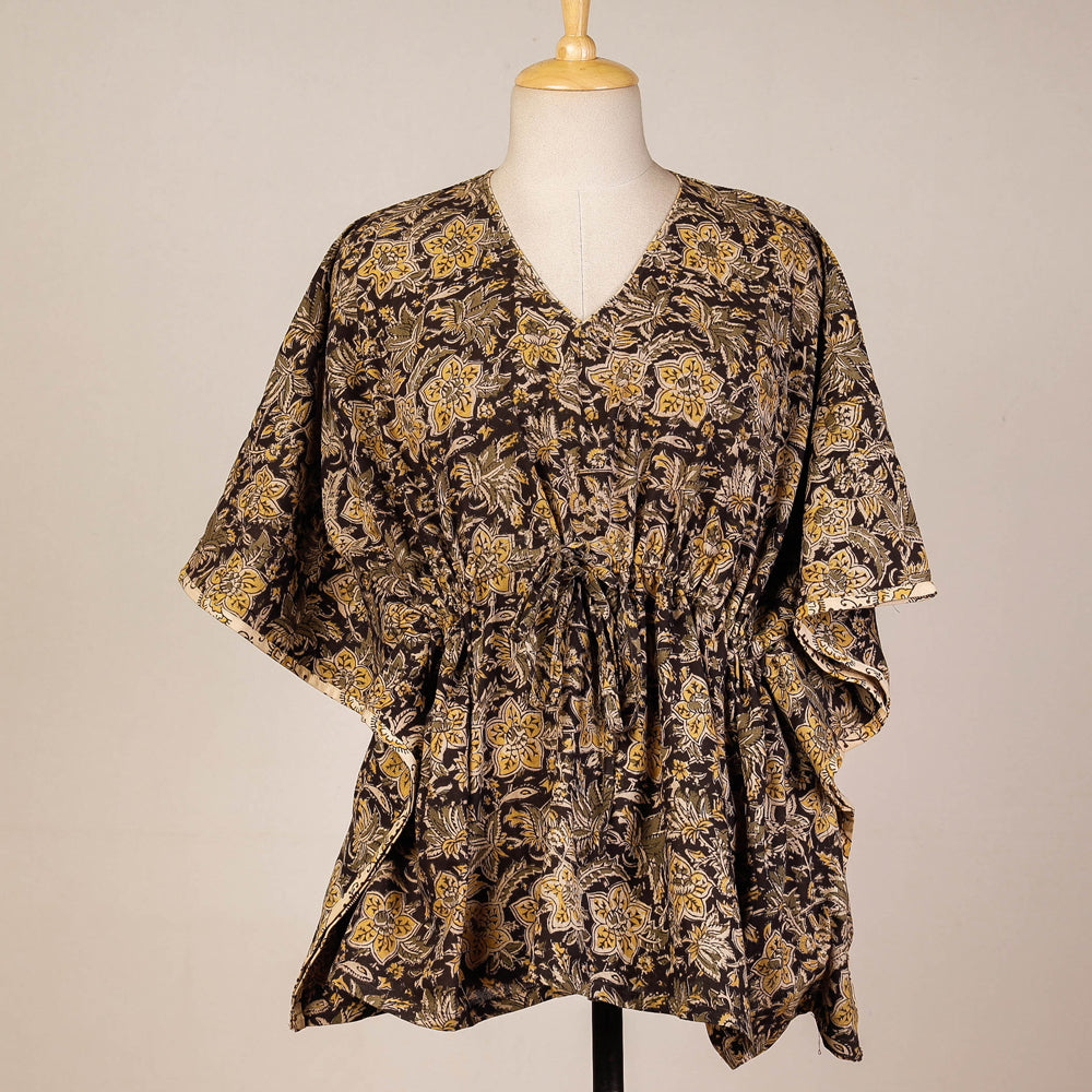 Black - Block Print Cotton Kalamkari Kaftan with Tie-Up Waist (Short)