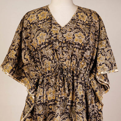 Black - Block Print Cotton Kalamkari Kaftan with Tie-Up Waist (Short)