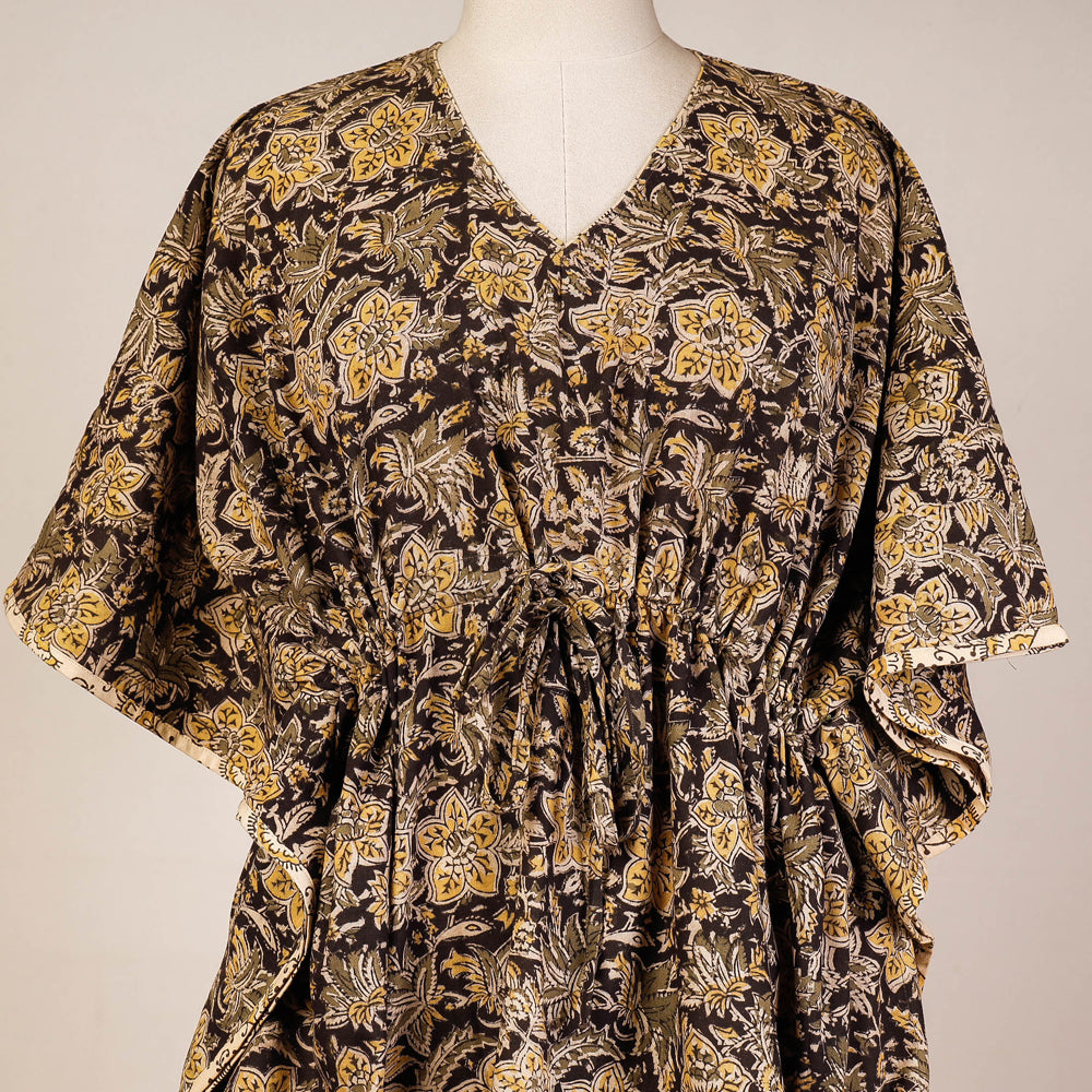 Black - Block Print Cotton Kalamkari Kaftan with Tie-Up Waist (Short)