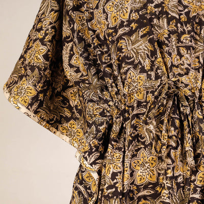 Black - Block Print Cotton Kalamkari Kaftan with Tie-Up Waist (Short)