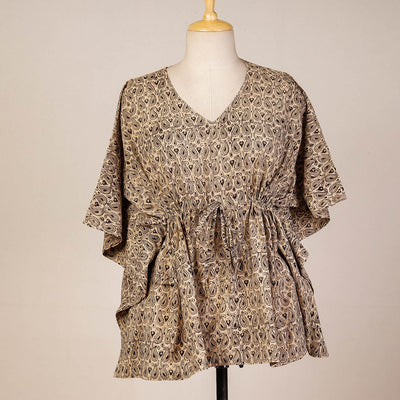 Beige - Block Print Cotton Kalamkari Kaftan with Tie-Up Waist (Short)