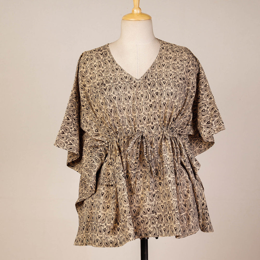 Beige - Block Print Cotton Kalamkari Kaftan with Tie-Up Waist (Short)