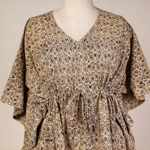 Beige - Block Print Cotton Kalamkari Kaftan with Tie-Up Waist (Short)