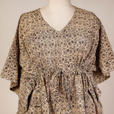Beige - Block Print Cotton Kalamkari Kaftan with Tie-Up Waist (Short)