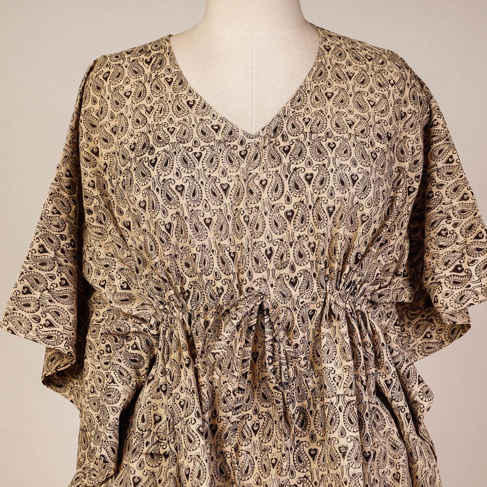 Beige - Block Print Cotton Kalamkari Kaftan with Tie-Up Waist (Short)