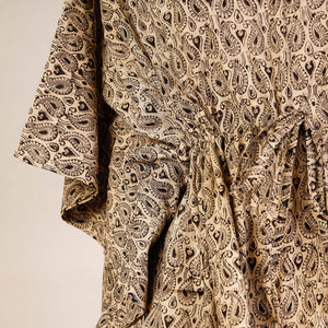 Beige - Block Print Cotton Kalamkari Kaftan with Tie-Up Waist (Short)