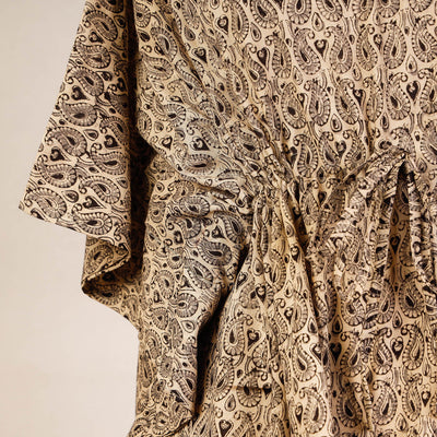 Beige - Block Print Cotton Kalamkari Kaftan with Tie-Up Waist (Short)