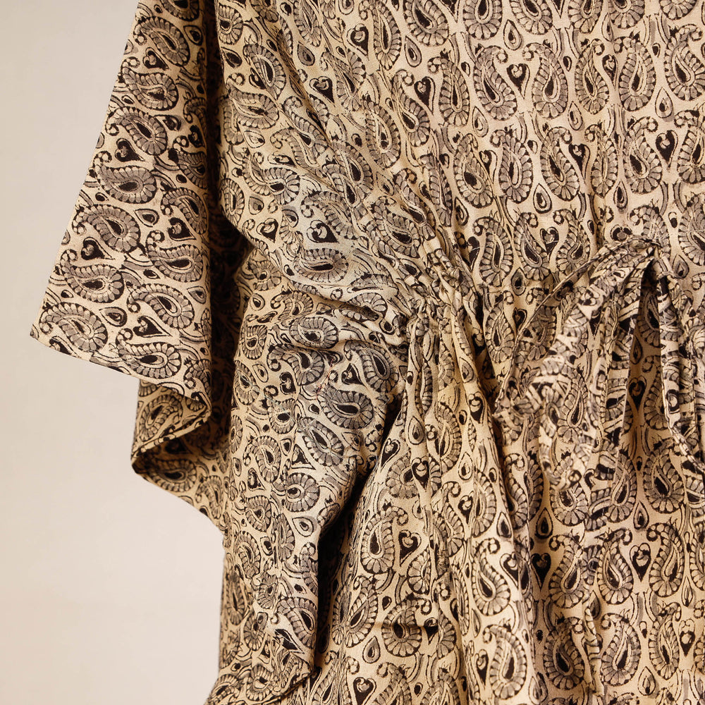 Beige - Block Print Cotton Kalamkari Kaftan with Tie-Up Waist (Short)