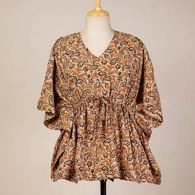 Beige - Block Print Cotton Kalamkari Kaftan with Tie-Up Waist (Short)