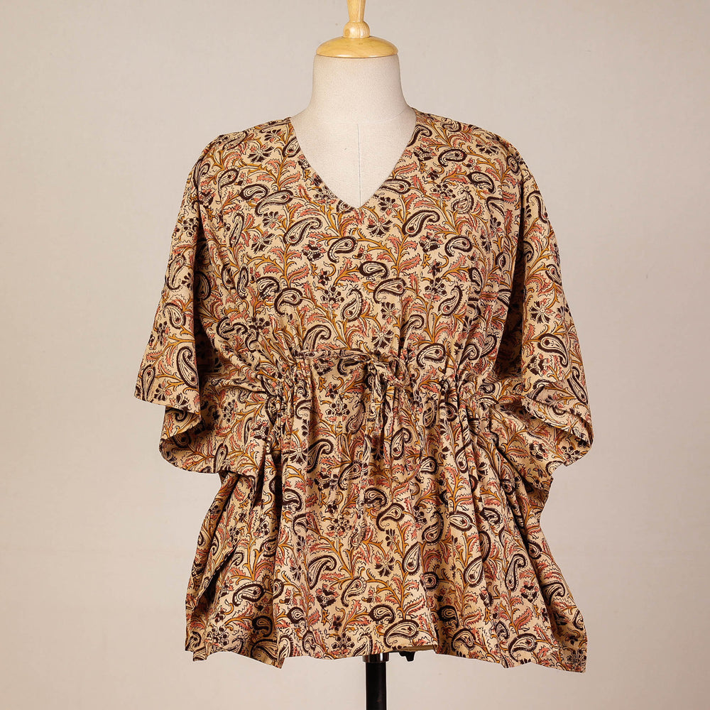 Beige - Block Print Cotton Kalamkari Kaftan with Tie-Up Waist (Short)