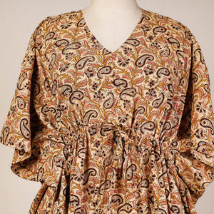 Beige - Block Print Cotton Kalamkari Kaftan with Tie-Up Waist (Short)