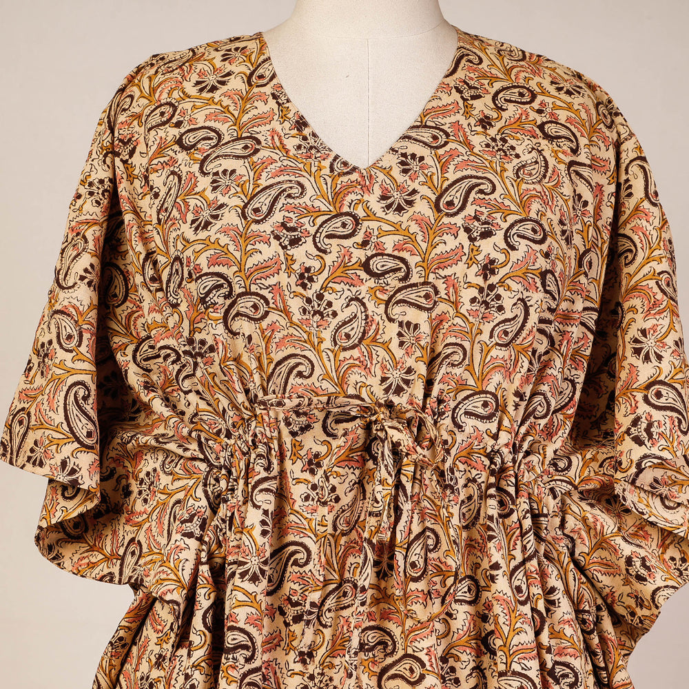 Beige - Block Print Cotton Kalamkari Kaftan with Tie-Up Waist (Short)