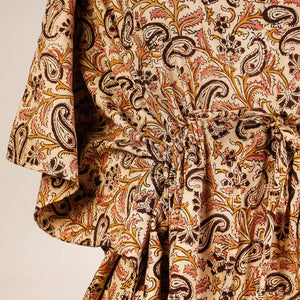 Beige - Block Print Cotton Kalamkari Kaftan with Tie-Up Waist (Short)