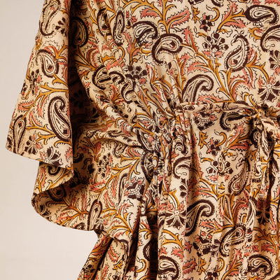 Beige - Block Print Cotton Kalamkari Kaftan with Tie-Up Waist (Short)
